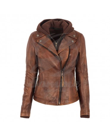 ST-5104 Hooded Tan Leather Women Jacket