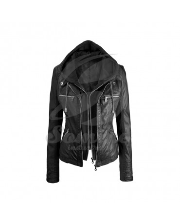 ST-5111 Black Hooded Leather Women Jacket