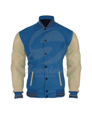 ST-7206 Leather Sleeves Blue Varsity Jacket